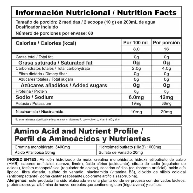 CREA STACK – Creatina Monohidratada con HMB, Ácido Alfa Lipoico y Sulfato de Vanadio